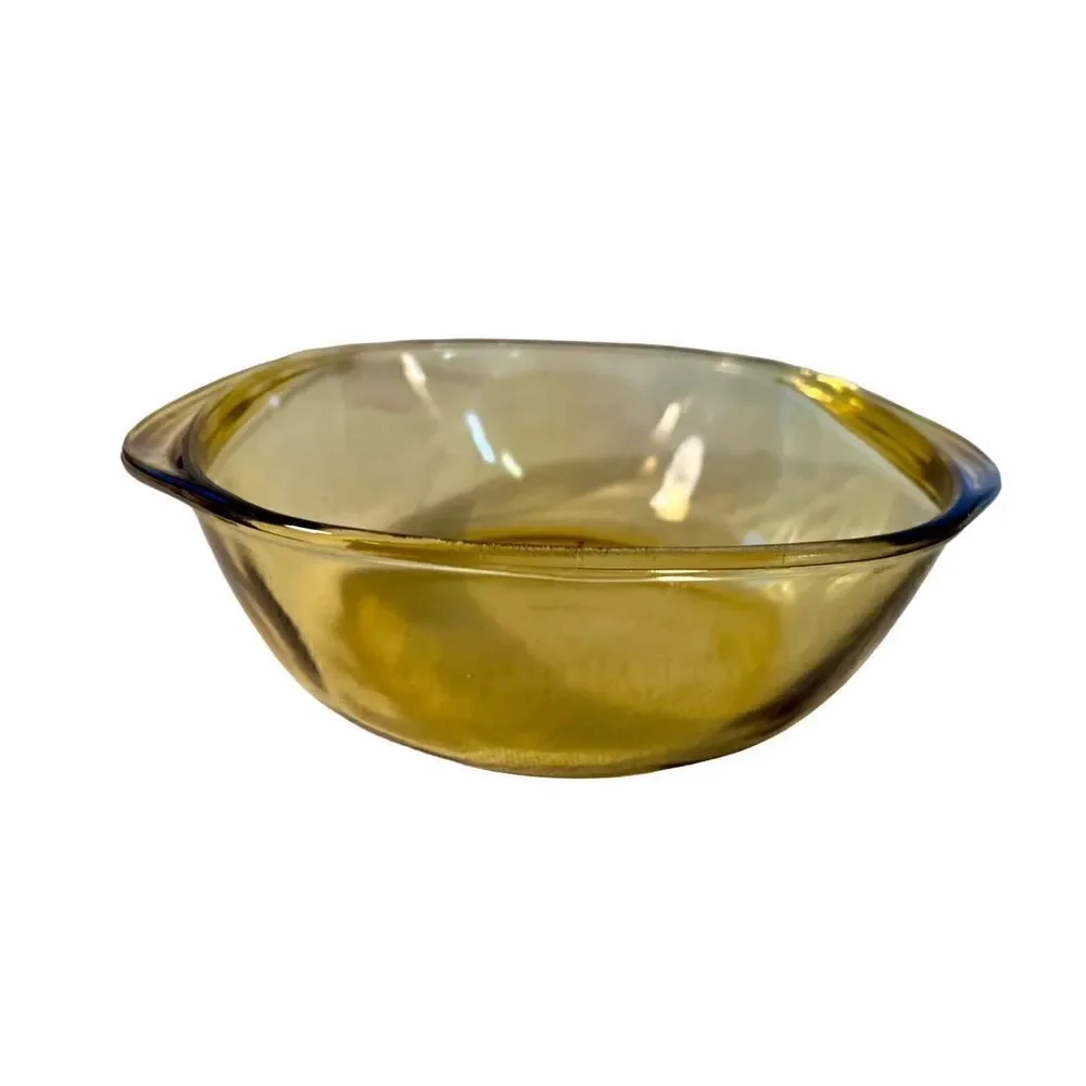 2 VTG MCM Amber Yellow Mexico Glass Casserole Dish Ovenware Baking Bowls #21 &16